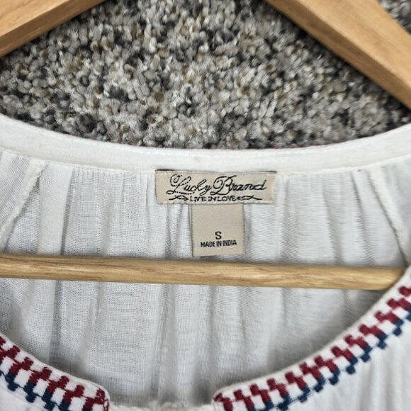 Lucky Brand Top Womens Small White Embroidered Boho Neck Tie Tee Casual Ladies - Picture 6 of 8